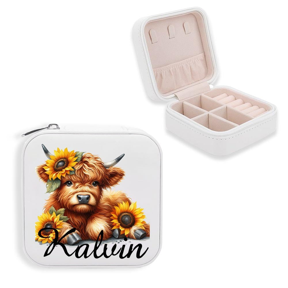 Personalized Name Sunflower Highland Cow Jewelry Box, PU Leather Travel Jewelry Case, Birthday/Mother's Day Gift for Women/Girls/Highland Cow Lover