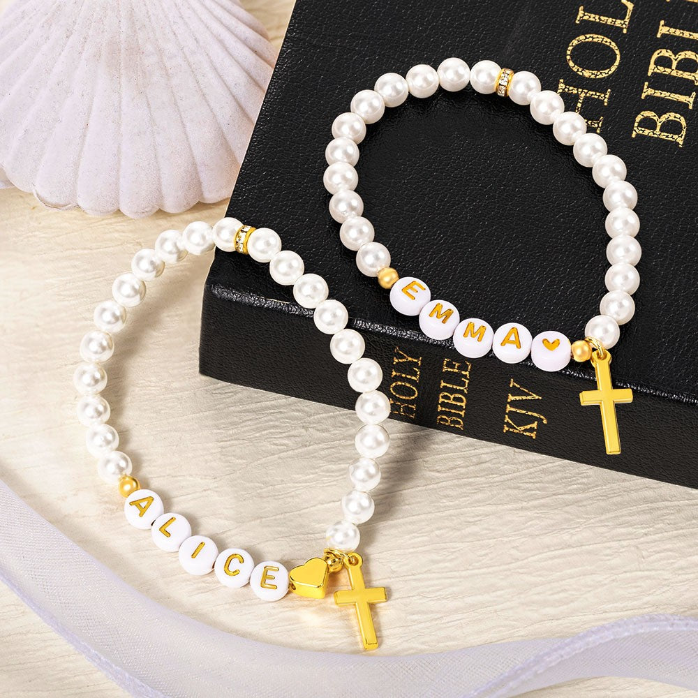 Custom Name Beaded Gold Cross Bracelet, Fresh Water Pearl Bracelet with Initials, Holy Communion/Baptism/Wedding Gift for Women/Girls/Bridesmaids
