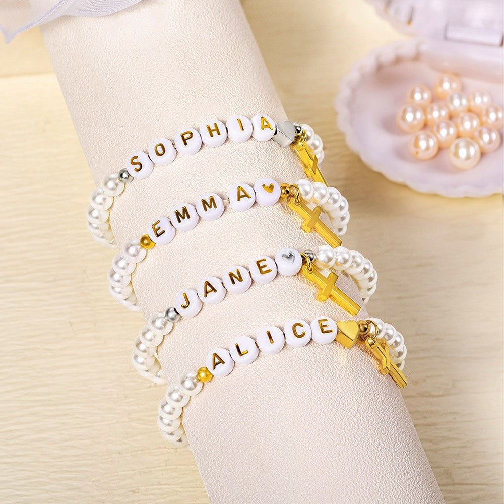 Custom Name Beaded Gold Cross Bracelet, Fresh Water Pearl Bracelet with Initials, Holy Communion/Baptism/Wedding Gift for Women/Girls/Bridesmaids