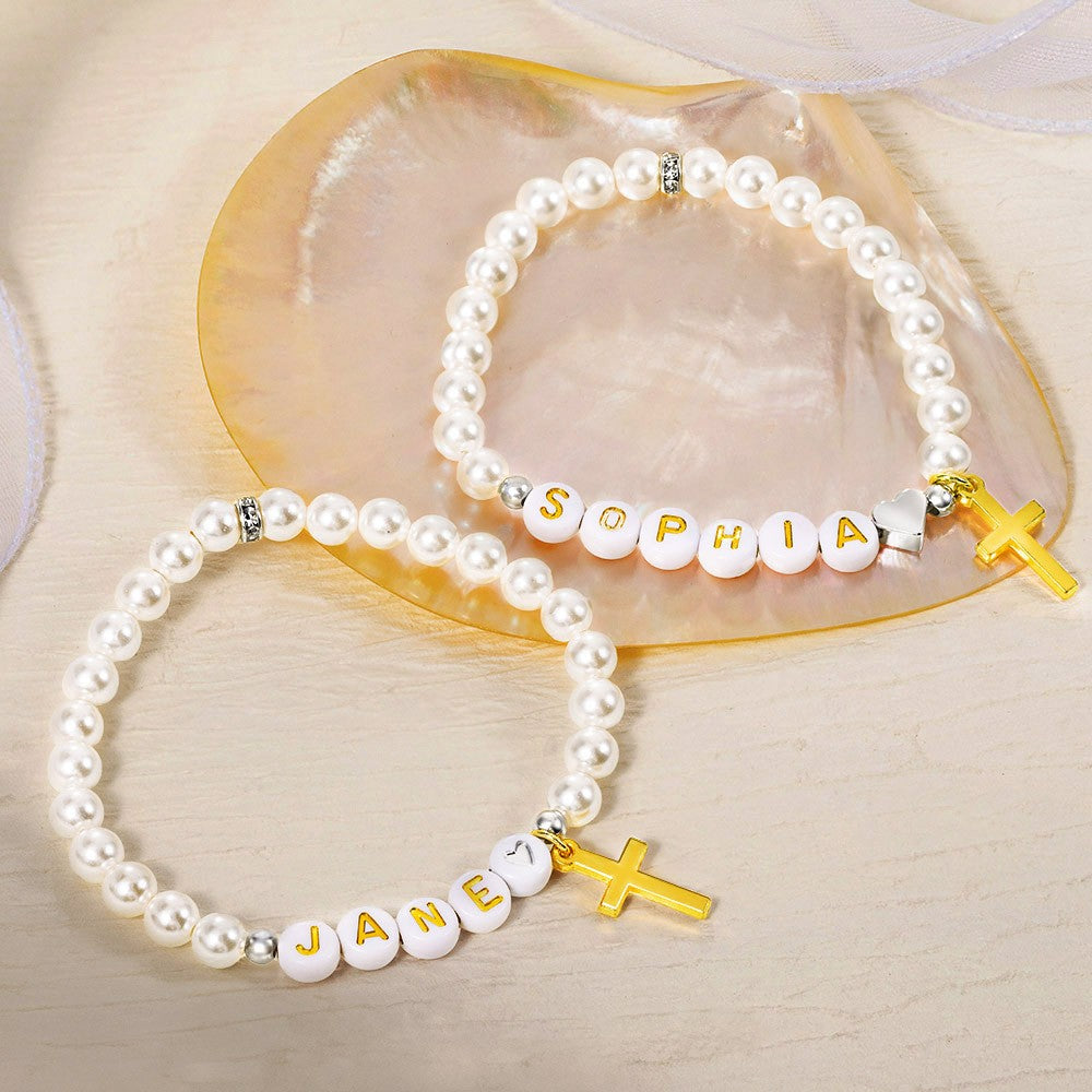 Custom Name Beaded Gold Cross Bracelet, Fresh Water Pearl Bracelet with Initials, Holy Communion/Baptism/Wedding Gift for Women/Girls/Bridesmaids