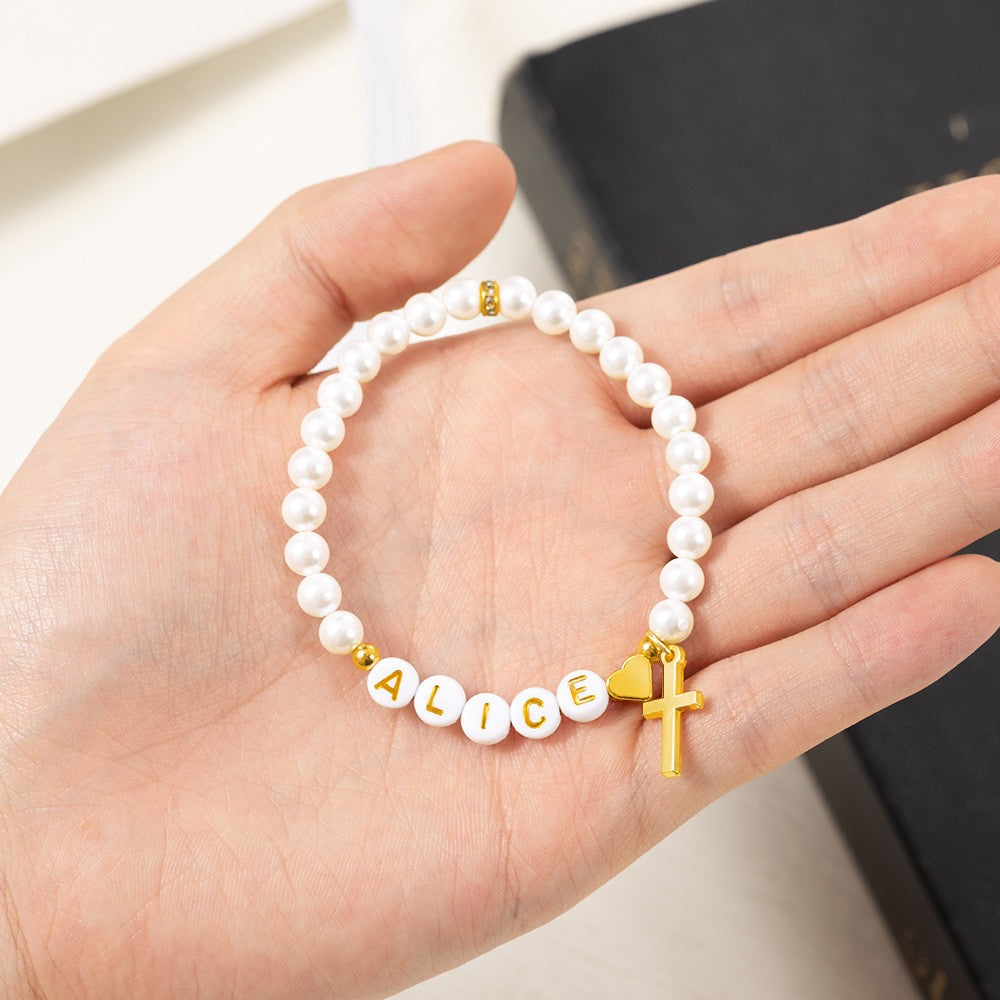 Custom Name Beaded Gold Cross Bracelet, Fresh Water Pearl Bracelet with Initials, Holy Communion/Baptism/Wedding Gift for Women/Girls/Bridesmaids