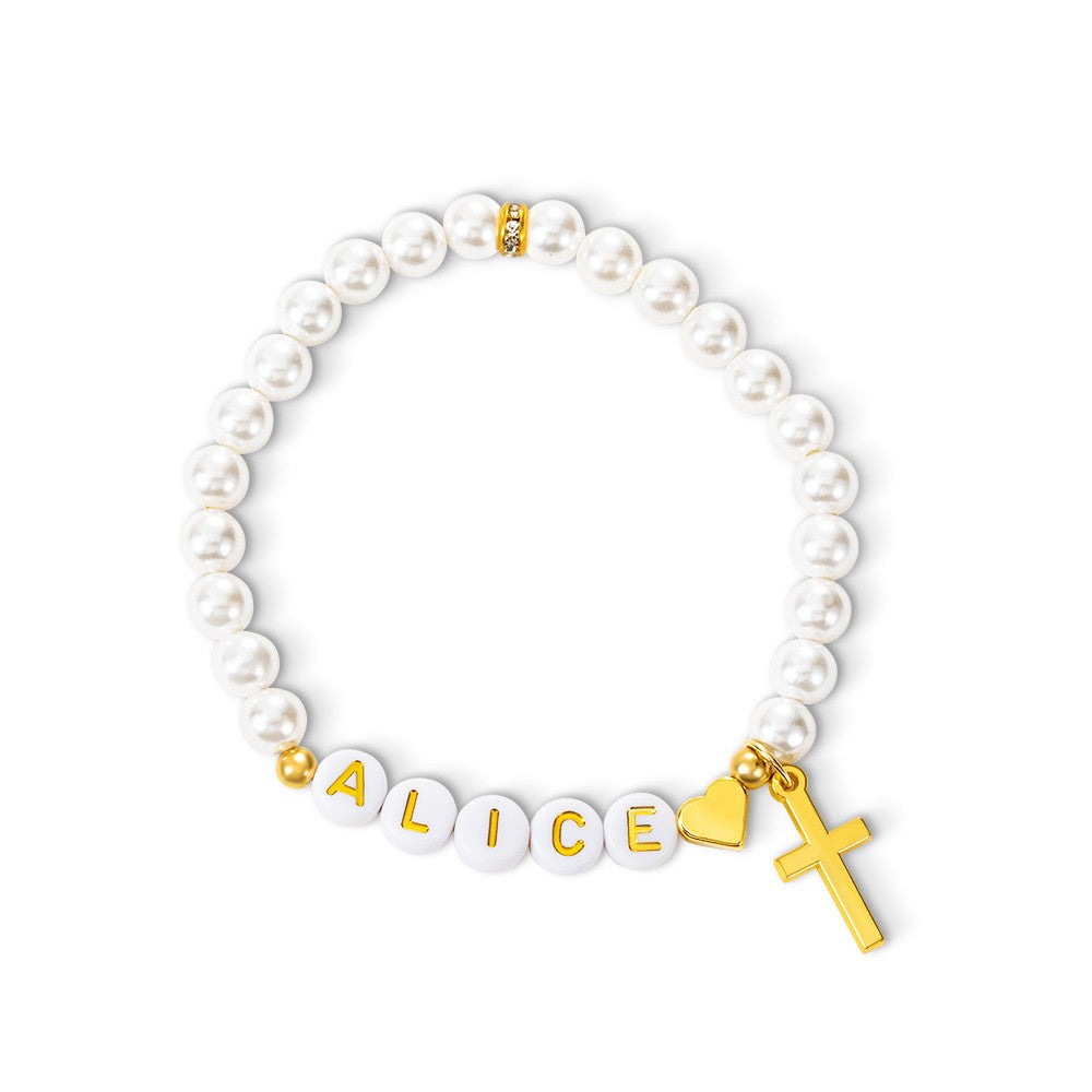 Custom Name Beaded Gold Cross Bracelet, Fresh Water Pearl Bracelet with Initials, Holy Communion/Baptism/Wedding Gift for Women/Girls/Bridesmaids