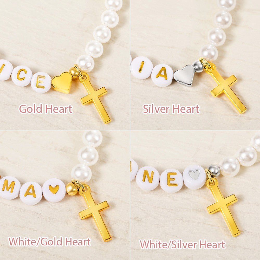 Custom Name Beaded Gold Cross Bracelet, Fresh Water Pearl Bracelet with Initials, Holy Communion/Baptism/Wedding Gift for Women/Girls/Bridesmaids
