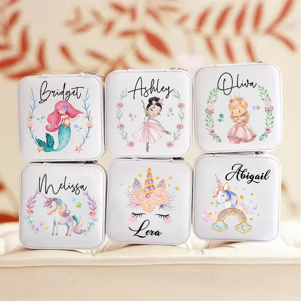 Personalized Name Watercolor Cartoon Pattern Jewelry Box, PU Leather Travel Jewelry Case, Children's Day/Birthday/Christmas Gift for Teen Girls