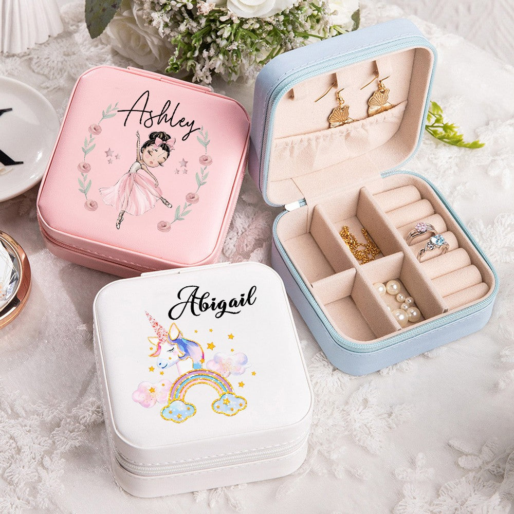 Personalized Name Watercolor Cartoon Pattern Jewelry Box, PU Leather Travel Jewelry Case, Children's Day/Birthday/Christmas Gift for Teen Girls