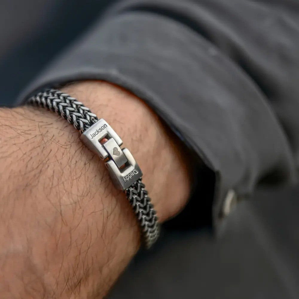 Custom Men's Stainless Steel Interlocking Bracelet with Engraved Names or Maps, Long Distance Relationship Gift for Him