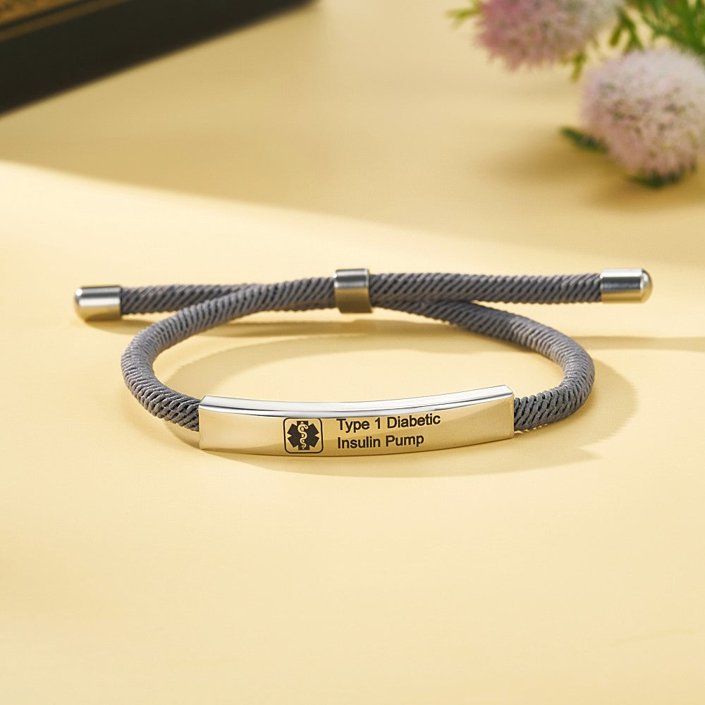 Custom Medical Alert ID Bracelet with Soft Rope, Personalized Health Information Bracelet, Adjustable Emergency Survival Wristband, Gift for Men/Women