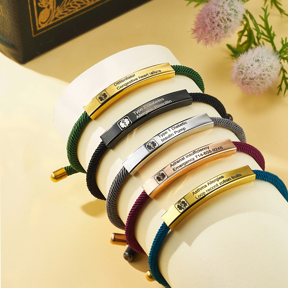 Custom Medical Alert ID Bracelet with Soft Rope, Personalized Health Information Bracelet, Adjustable Emergency Survival Wristband, Gift for Men/Women