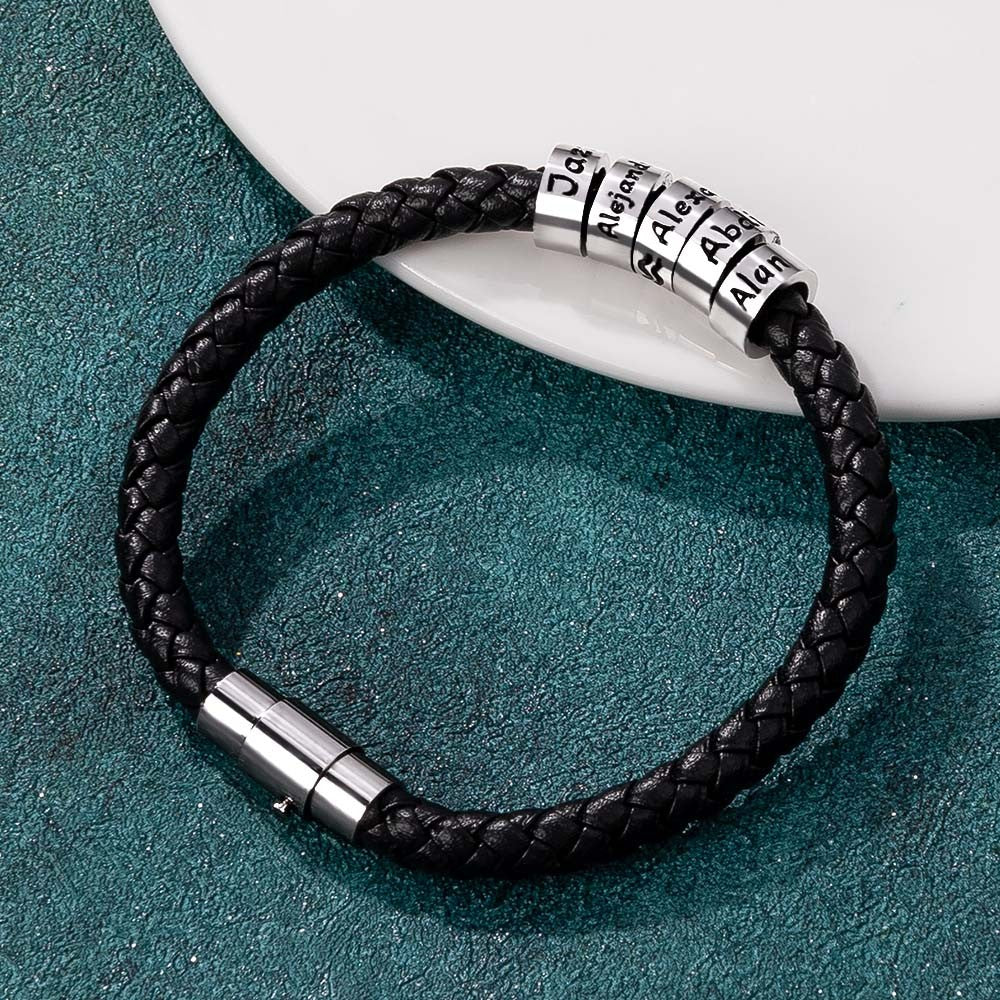 Custom Name Multi-Beaded Bracelet, Leather Rope with Beads Bracelet, Minimalist Jewelry, Birthday/Christmas/Anniversary Gift for Him/Dad/Grandpa