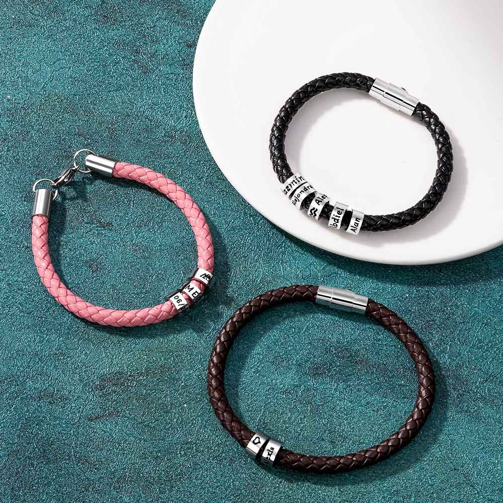 Custom Name Multi-Beaded Bracelet, Leather Rope with Beads Bracelet, Minimalist Jewelry, Birthday/Christmas/Anniversary Gift for Him/Dad/Grandpa