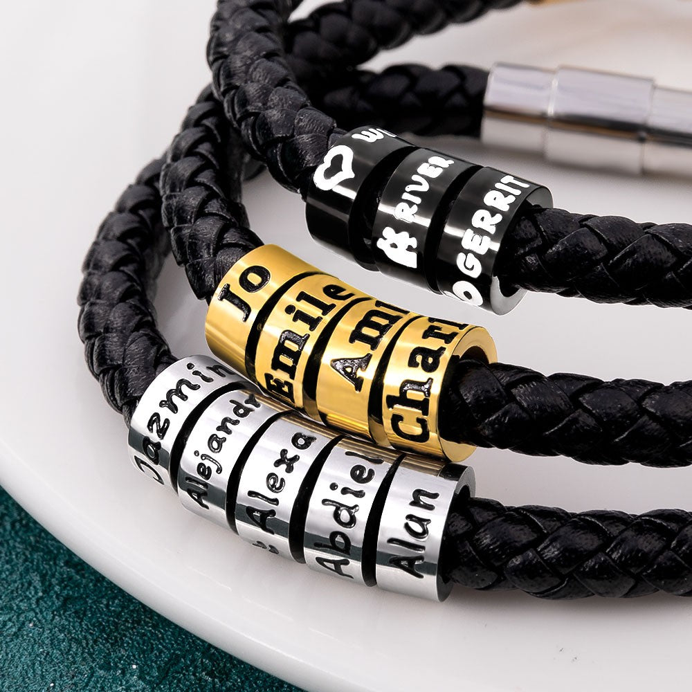 Custom Name Multi-Beaded Bracelet, Leather Rope with Beads Bracelet, Minimalist Jewelry, Birthday/Christmas/Anniversary Gift for Him/Dad/Grandpa