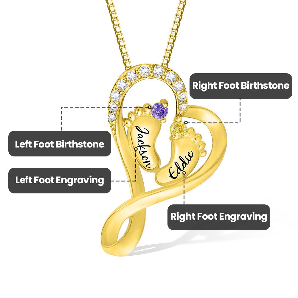 Baby Name Necklace with 2 Custom Footprints, Twins Birthstone Heart Necklace Gift for New Mom