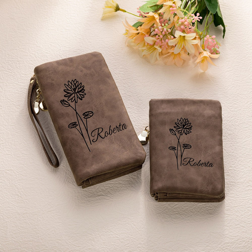Personalized Name Birth Flower Leather Wallet, Custom Monogram Wallet with Coin Holder & Wrist Strap, Birthday/Christmas Gift for Woman/Mom/Her