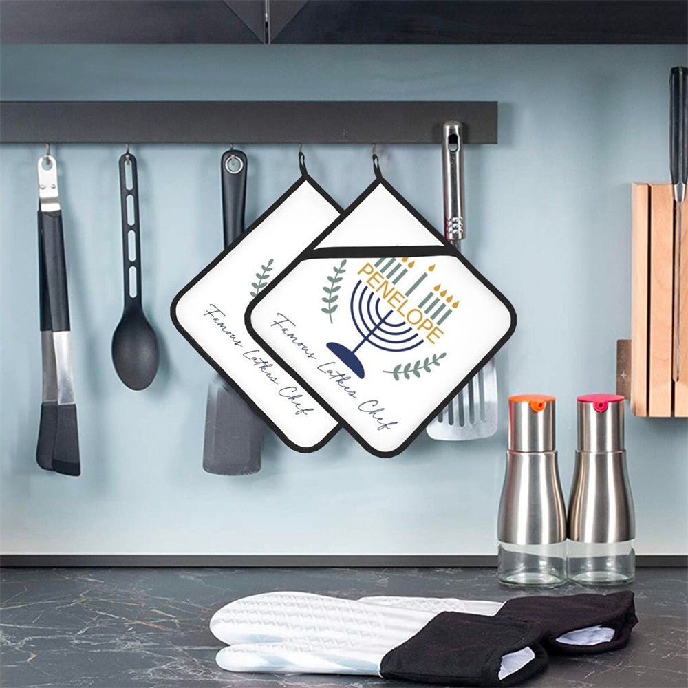 (Set of 2)Custom Name Menorah Design Pot Holders, Waterproof Coated Potholder with Loop, Kitchen Supply, Hanukkah Gift for Her/Mom/Cooking Lovers