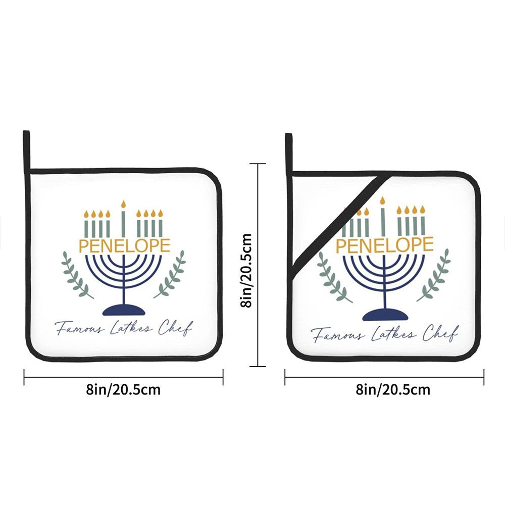 (Set of 2)Custom Name Menorah Design Pot Holders, Waterproof Coated Potholder with Loop, Kitchen Supply, Hanukkah Gift for Her/Mom/Cooking Lovers