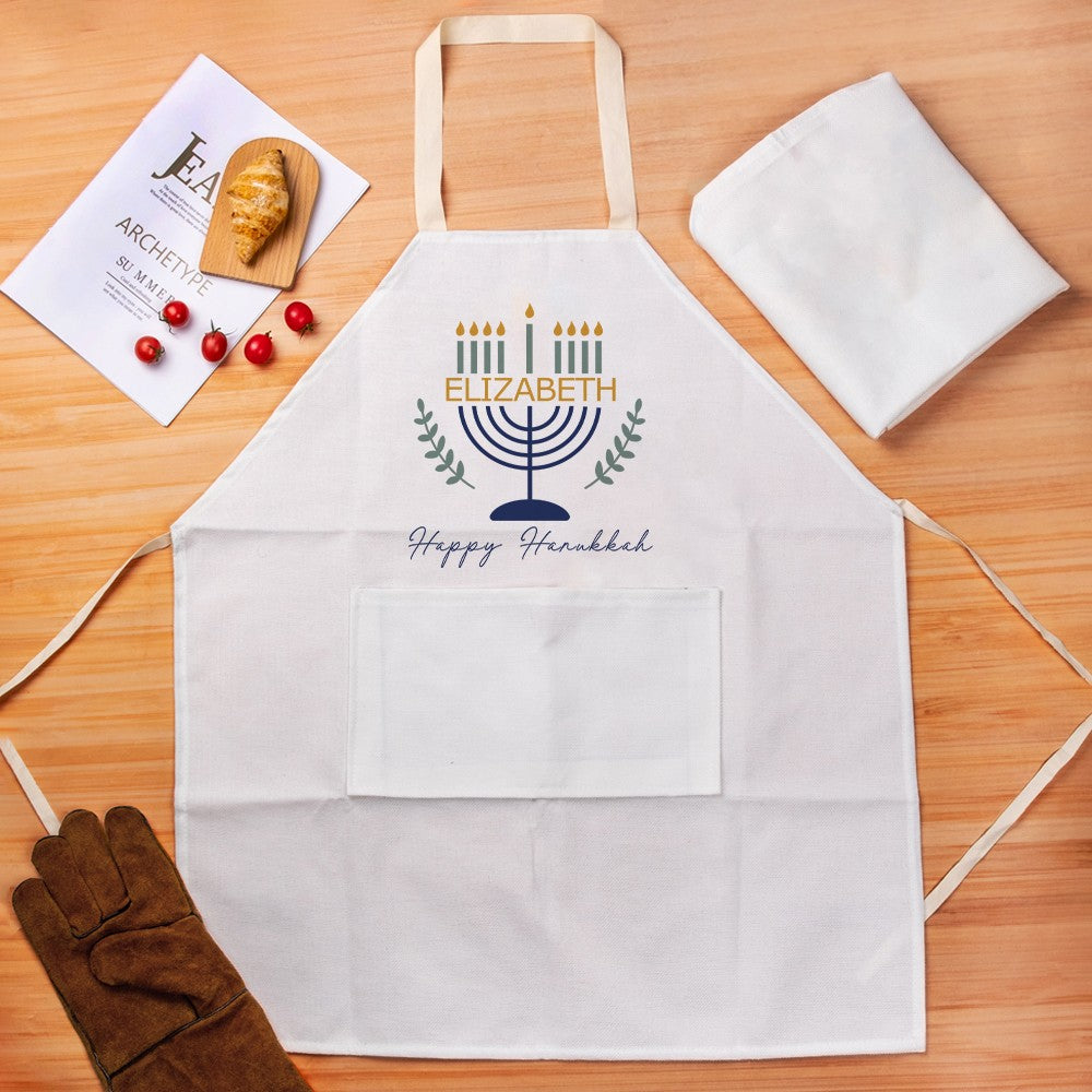 Personalized Name Menorah Design Apron, Water Proof Apron with Pocket, Kitchen Accessory, Hanukkah/Christmas Gift for Family/Friends/Cooking Lovers