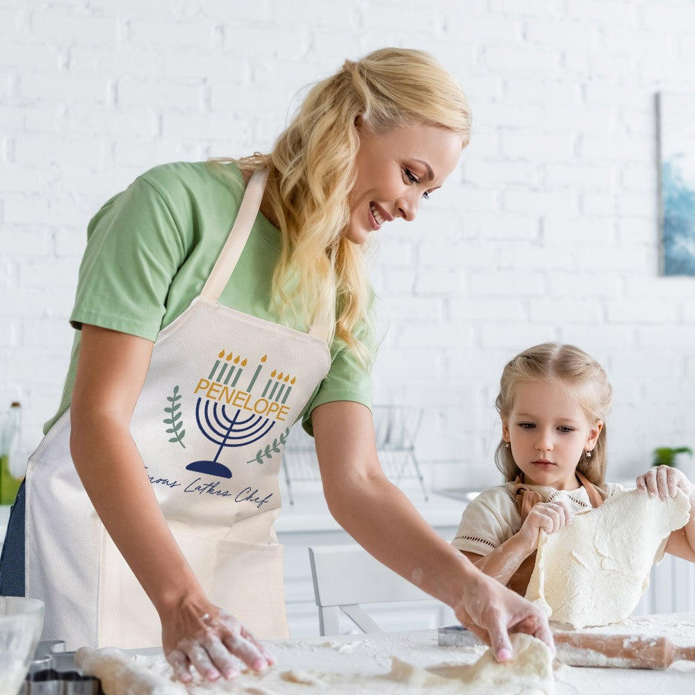 Personalized Name Menorah Design Apron, Water Proof Apron with Pocket, Kitchen Accessory, Hanukkah/Christmas Gift for Family/Friends/Cooking Lovers