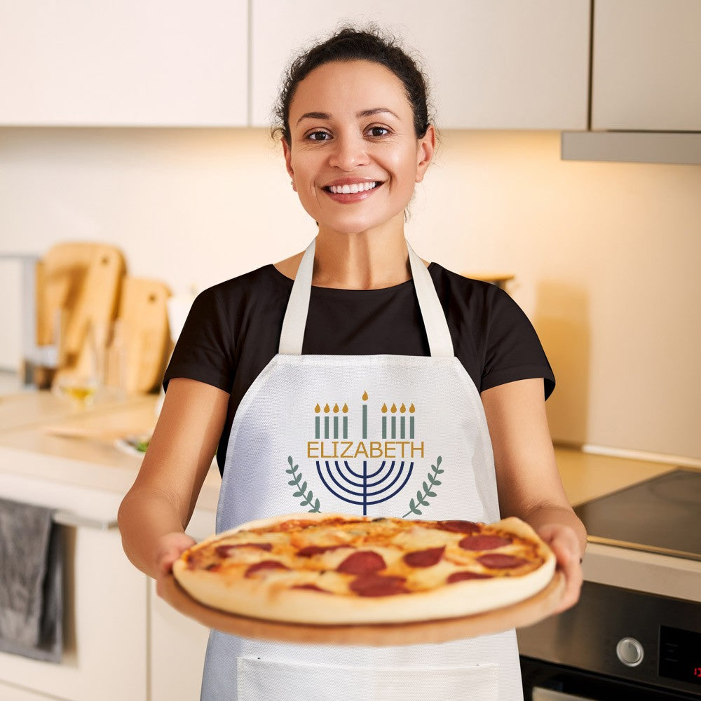 Personalized Name Menorah Design Apron, Water Proof Apron with Pocket, Kitchen Accessory, Hanukkah/Christmas Gift for Family/Friends/Cooking Lovers