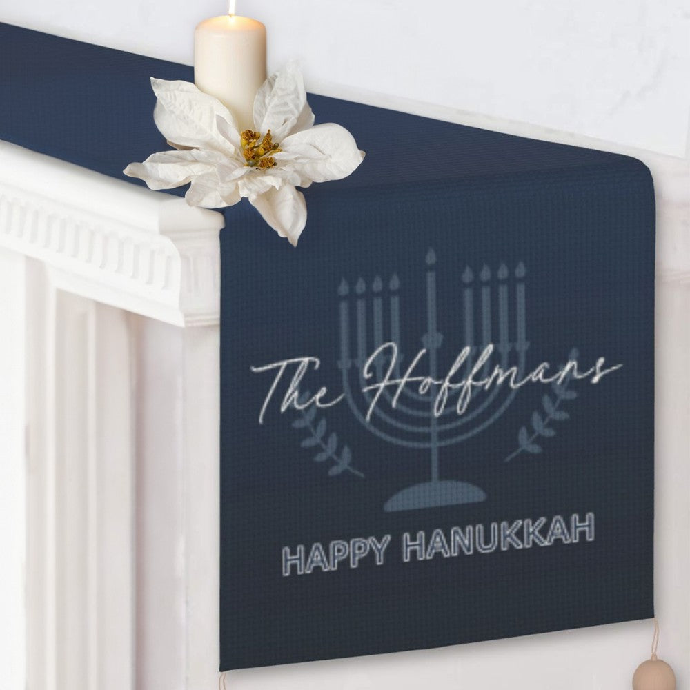 Personalized Name Menorah Spirit Tablecloth, Waterproof Table Runner with Tassels, Table Accessory, Hanukkah/Jewish Gift for Mom/Family/Best Friends