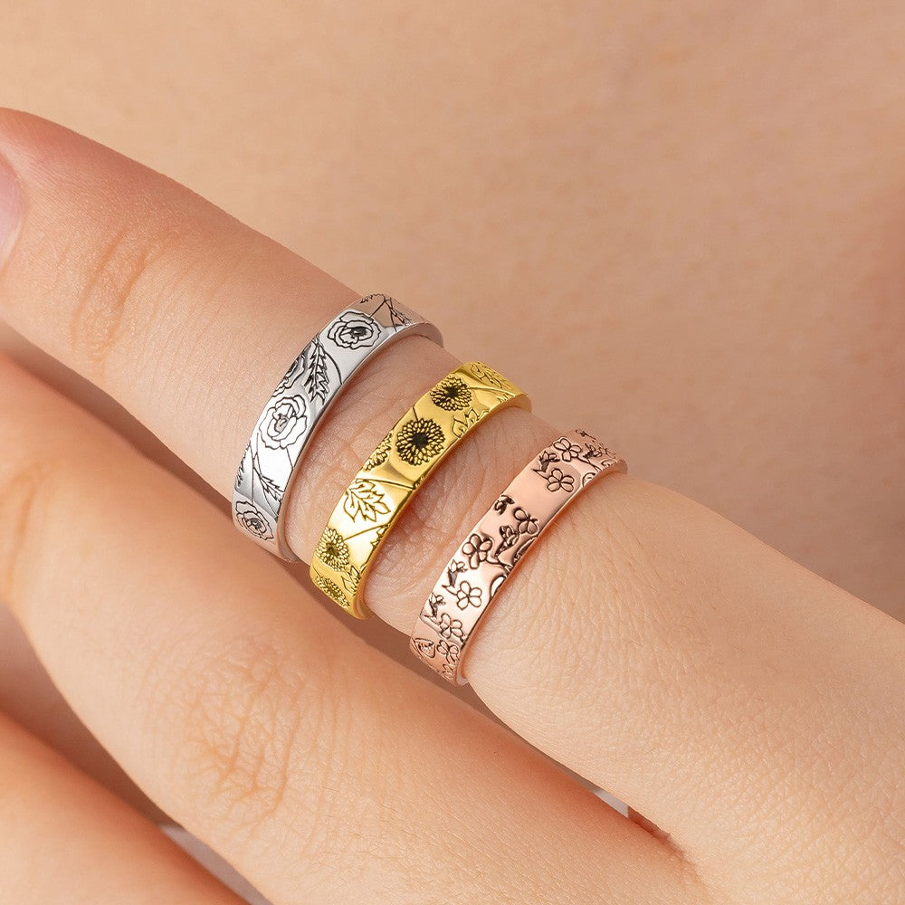 Custom Multiple Birth Flower Ring, Floral Stacking Ring, Sterling Silver 925 Jewelry, Birthday/Christmas/Mother's Day Gift for Her/Mom/Family/Friend