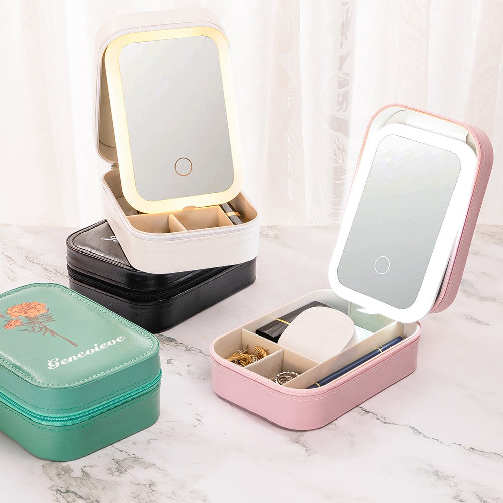 Custom Birth Flower Portable Leather Makeup Box with Name and LED Three-Color Adjustable Makeup Mirror, Travel Essential Birthday Gift for Women