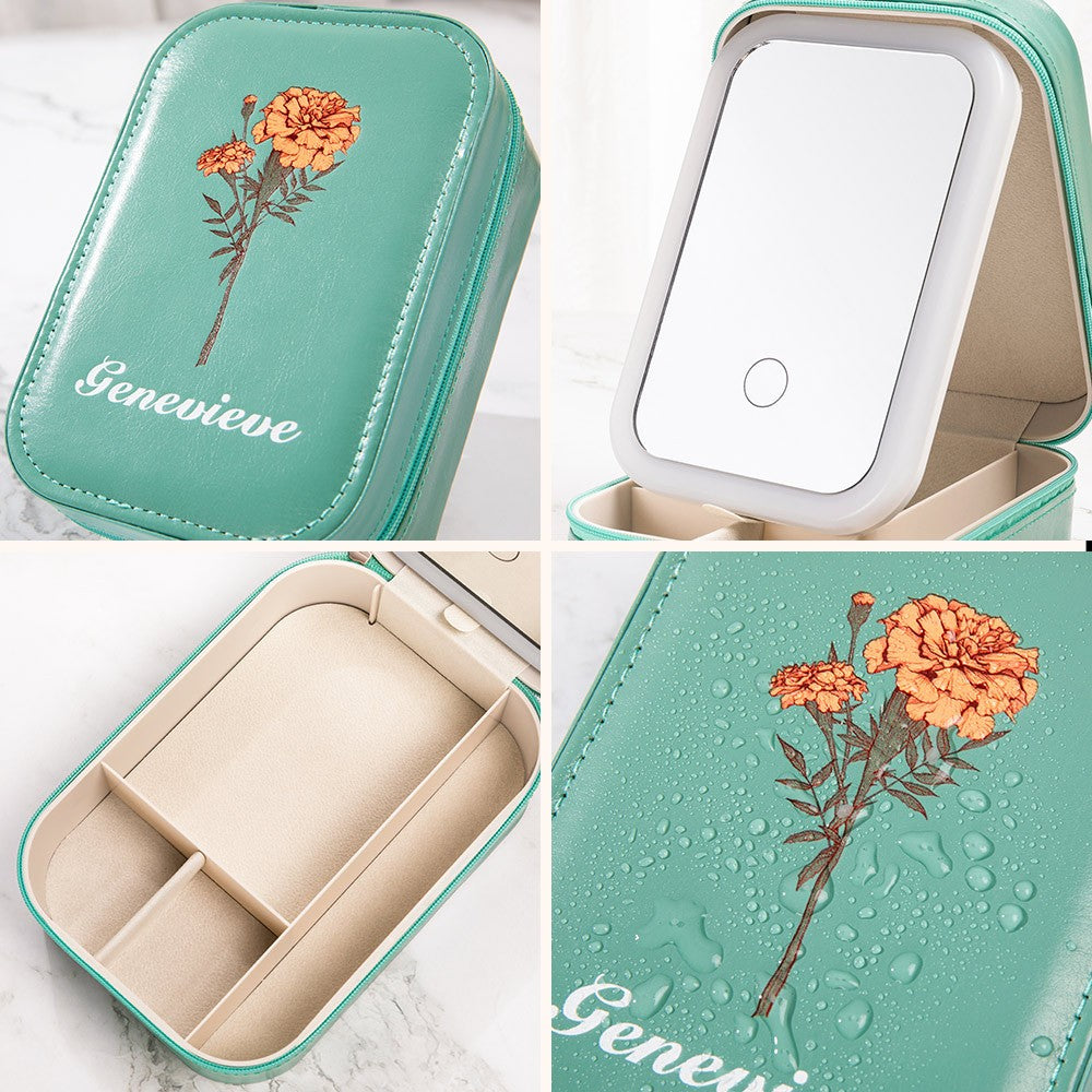 Custom Birth Flower Portable Leather Makeup Box with Name and LED Three-Color Adjustable Makeup Mirror, Travel Essential Birthday Gift for Women
