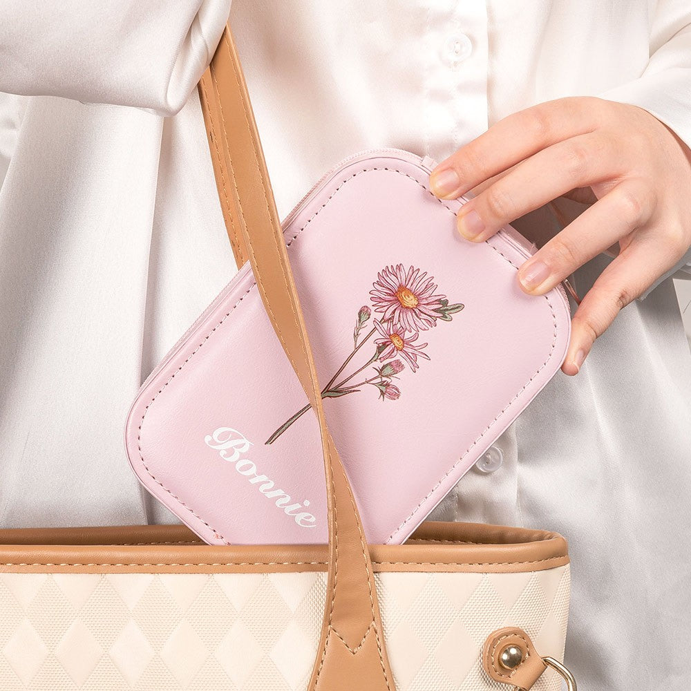 Custom Birth Flower Portable Leather Makeup Box with Name and LED Three-Color Adjustable Makeup Mirror, Travel Essential Birthday Gift for Women