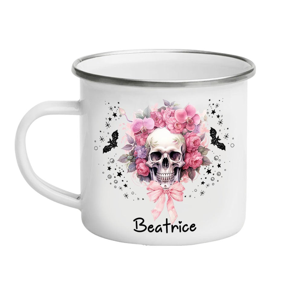 Personalized Name Halloween Flower Skull Design Enamel Mug, 11oz Children's Water Cup, Shatterproof Mug with Handle, Halloween Gift for Family/Girls