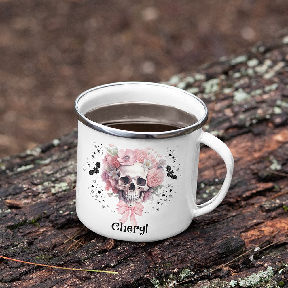 Personalized Name Halloween Flower Skull Design Enamel Mug, 11oz Children's Water Cup, Shatterproof Mug with Handle, Halloween Gift for Family/Girls