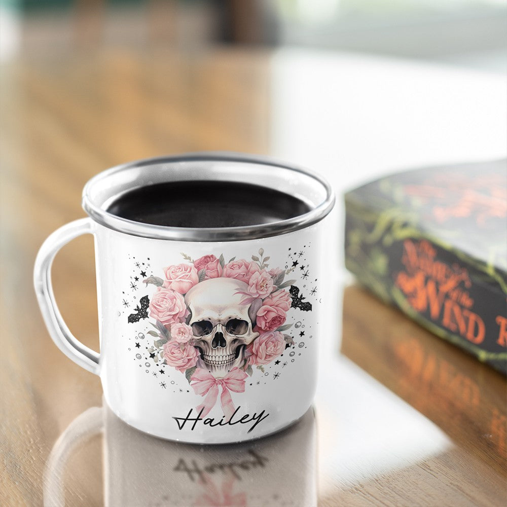Personalized Name Halloween Flower Skull Design Enamel Mug, 11oz Children's Water Cup, Shatterproof Mug with Handle, Halloween Gift for Family/Girls