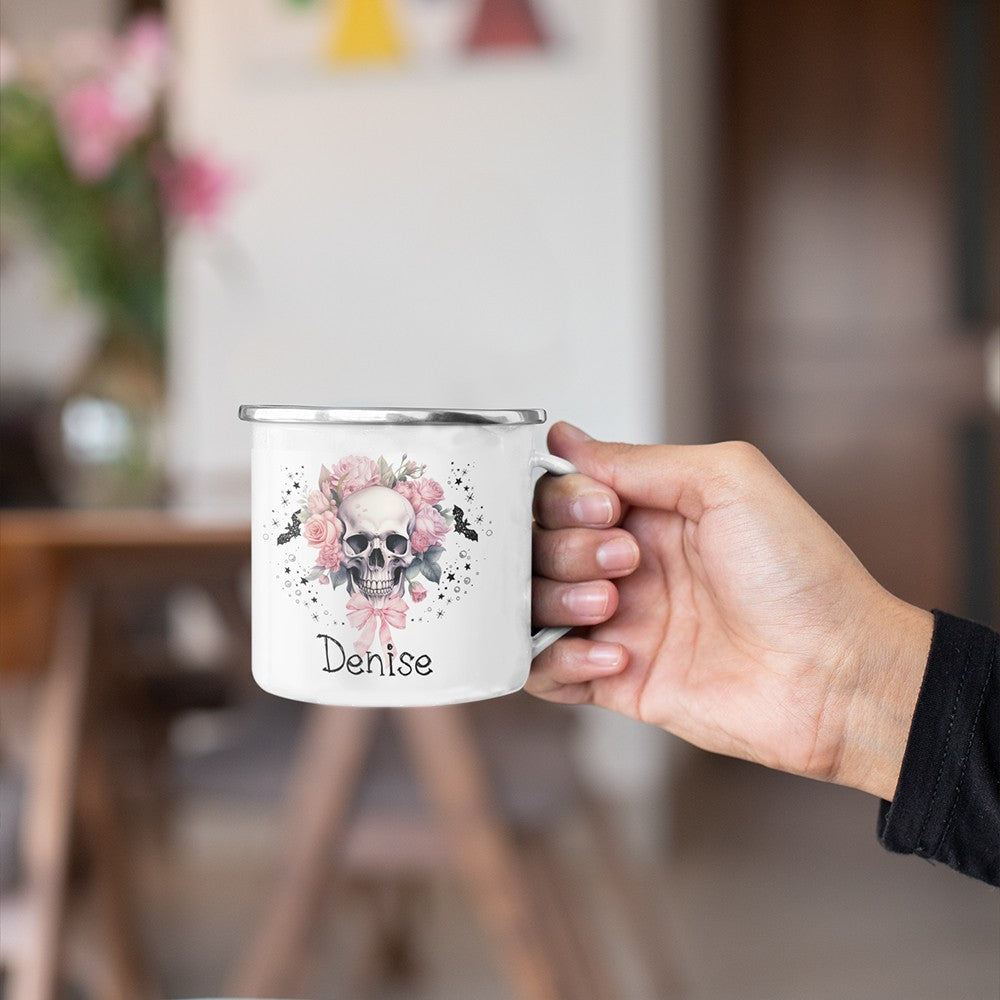 Personalized Name Halloween Flower Skull Design Enamel Mug, 11oz Children's Water Cup, Shatterproof Mug with Handle, Halloween Gift for Family/Girls