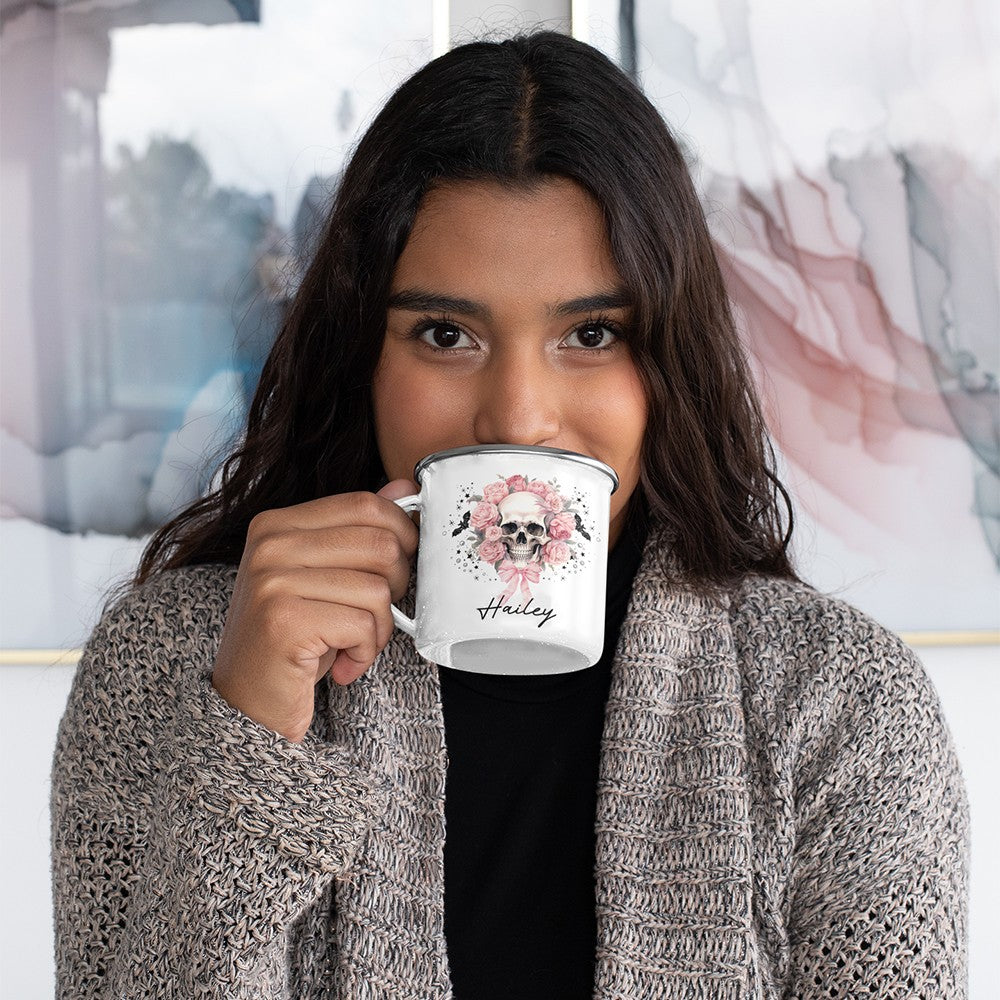 Personalized Name Halloween Flower Skull Design Enamel Mug, 11oz Children's Water Cup, Shatterproof Mug with Handle, Halloween Gift for Family/Girls