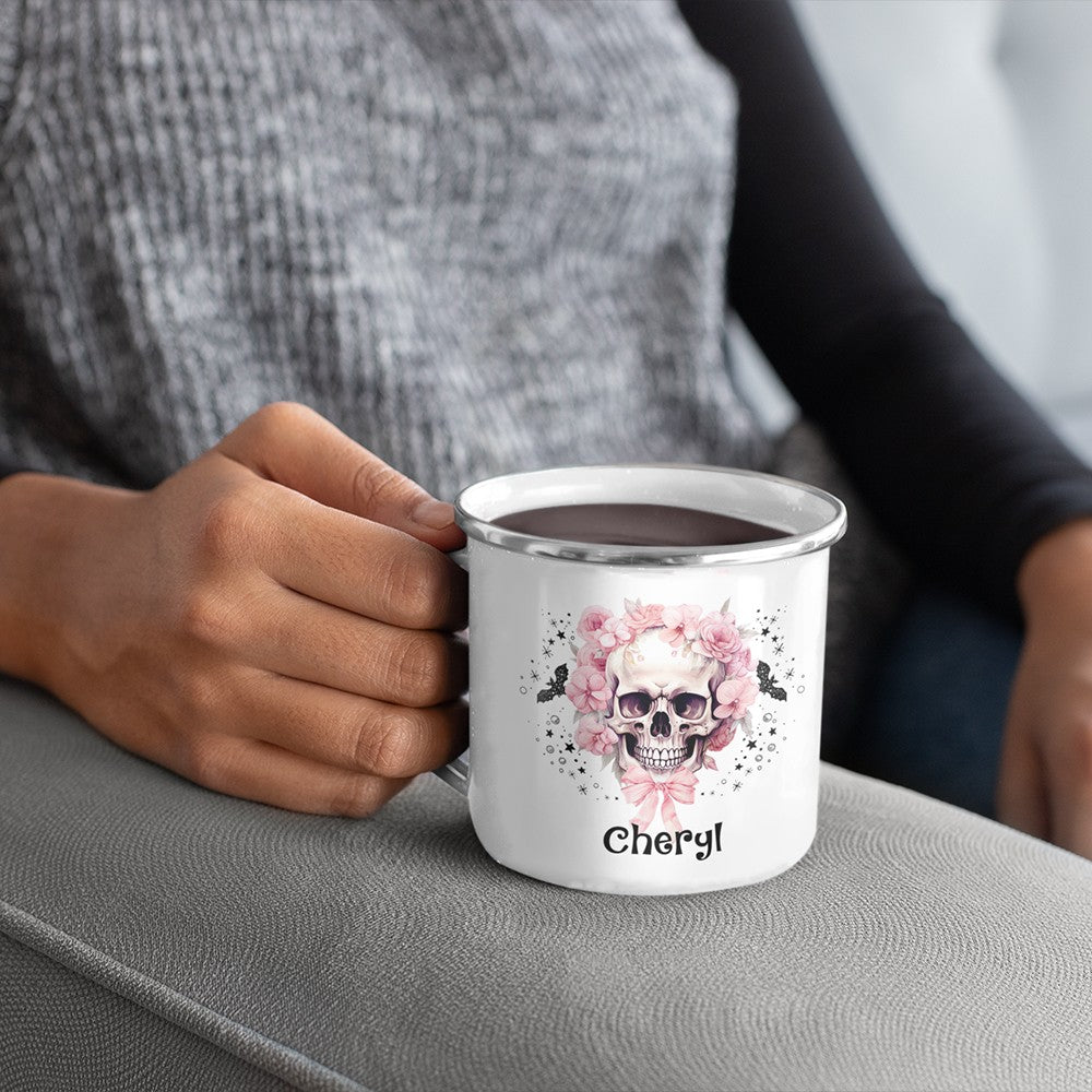 Personalized Name Halloween Flower Skull Design Enamel Mug, 11oz Children's Water Cup, Shatterproof Mug with Handle, Halloween Gift for Family/Girls