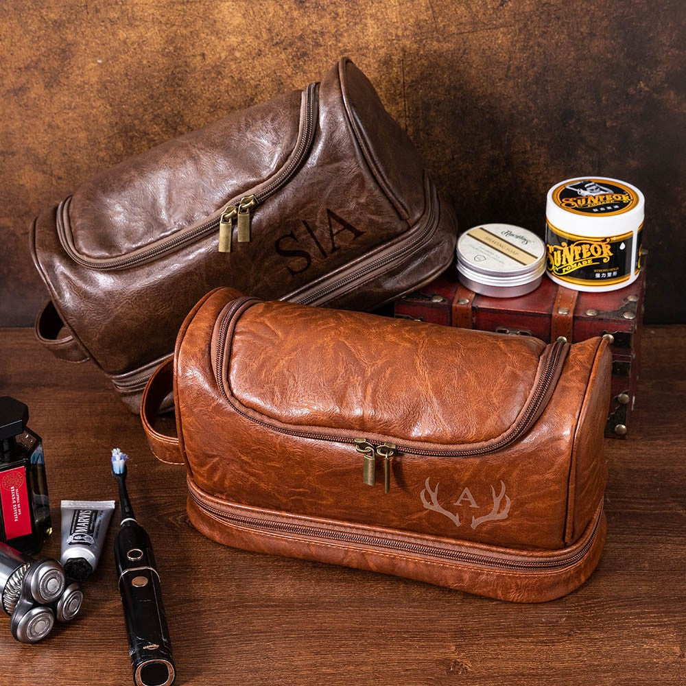 Custom Leather Waterproof Portable Toiletry Bag with Monogram, Dopp Bag for Men, Anniversary/Father's Day/Birthday Gifts for Boyfriend/Groomsmen/Him