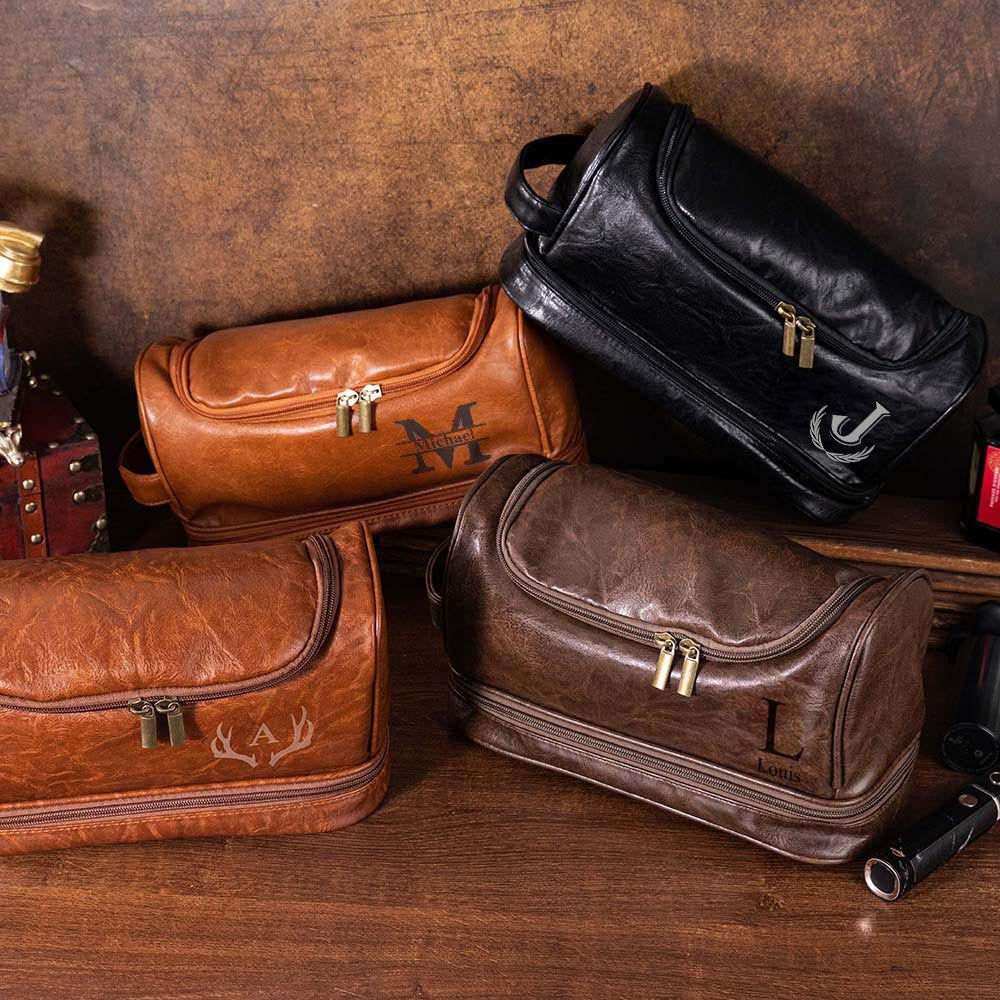 Custom Leather Waterproof Portable Toiletry Bag with Monogram, Dopp Bag for Men, Anniversary/Father's Day/Birthday Gifts for Boyfriend/Groomsmen/Him