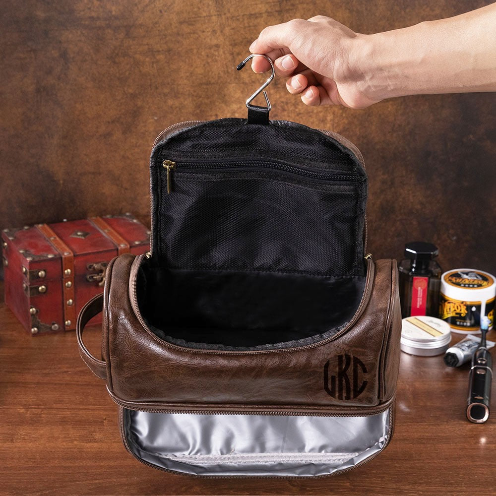 Custom Leather Waterproof Portable Toiletry Bag with Monogram, Dopp Bag for Men, Anniversary/Father's Day/Birthday Gifts for Boyfriend/Groomsmen/Him