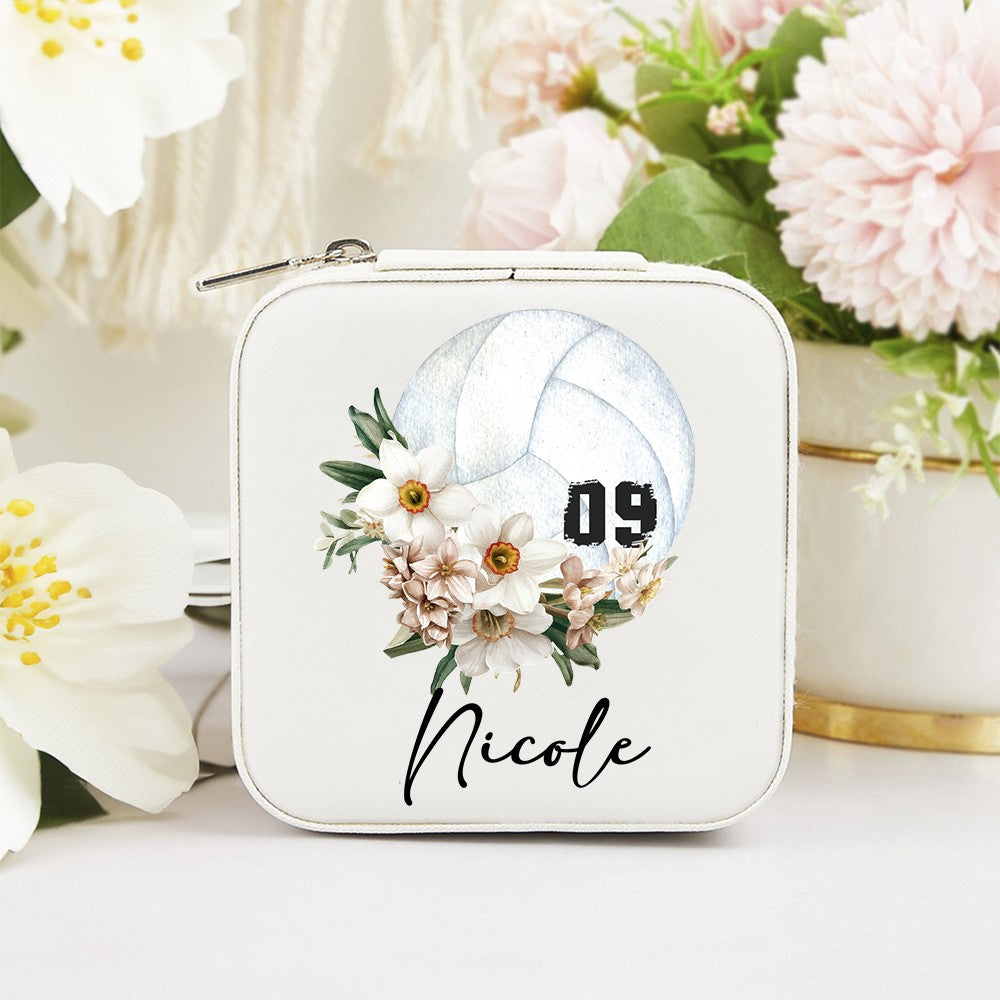 Custom Name & Birth Flower Volleyball Jewelry Box with Numbers, PU Leather Jewelry Storage Box, Christmas/Birthday Gift for Volleyball Player/Mom