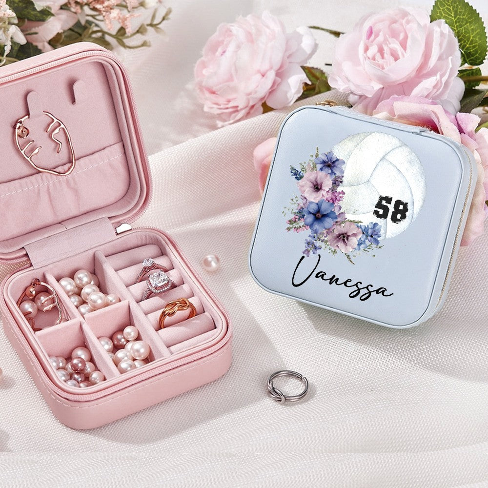Custom Name & Birth Flower Volleyball Jewelry Box with Numbers, PU Leather Jewelry Storage Box, Christmas/Birthday Gift for Volleyball Player/Mom