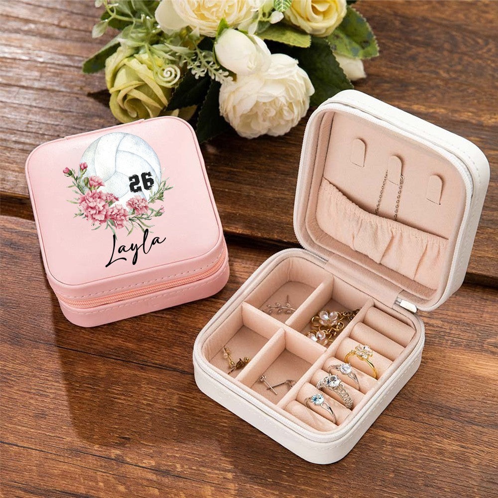 Custom Name & Birth Flower Volleyball Jewelry Box with Numbers, PU Leather Jewelry Storage Box, Christmas/Birthday Gift for Volleyball Player/Mom