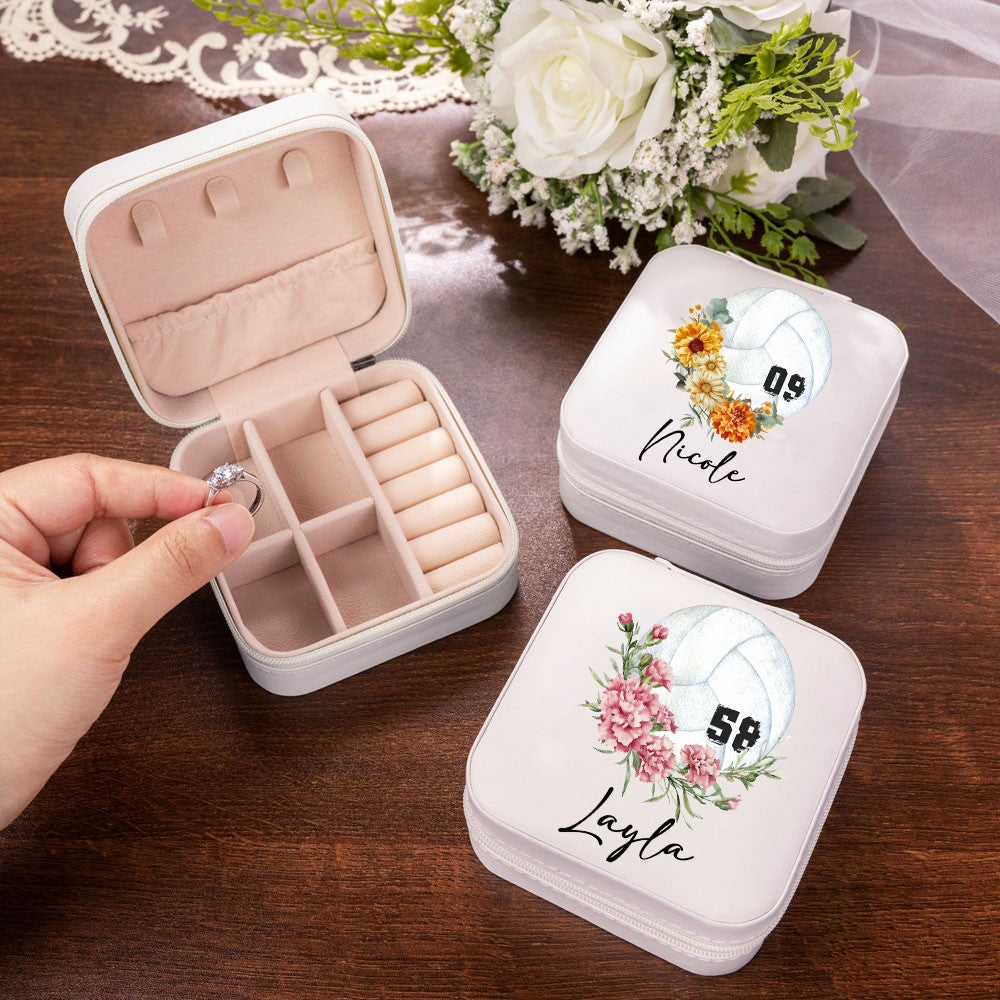 Custom Name & Birth Flower Volleyball Jewelry Box with Numbers, PU Leather Jewelry Storage Box, Christmas/Birthday Gift for Volleyball Player/Mom