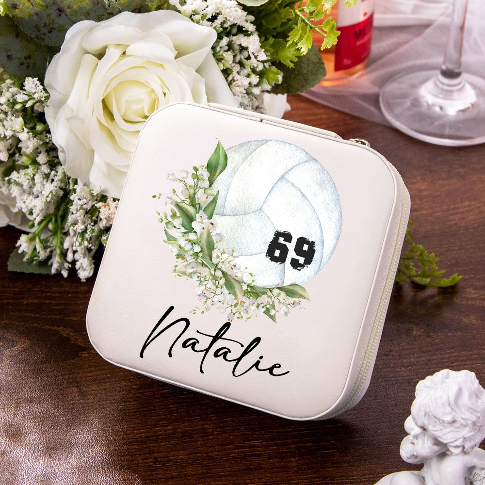 Custom Name & Birth Flower Volleyball Jewelry Box with Numbers, PU Leather Jewelry Storage Box, Christmas/Birthday Gift for Volleyball Player/Mom