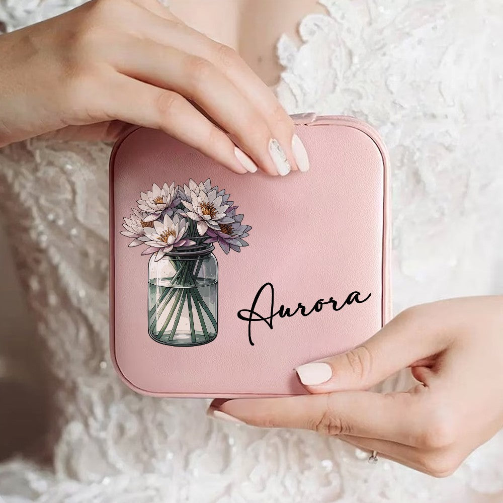 Personalized Name & Birth Flower Pattern Jewelry Box, PU Leather Retro Jewelry Storage Box, Christmas/Birthday/Bridal Gift for Mom/Girls/Bridesmaids