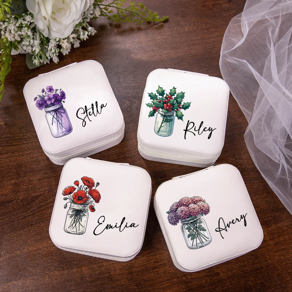 Personalized Name & Birth Flower Pattern Jewelry Box, PU Leather Retro Jewelry Storage Box, Christmas/Birthday/Bridal Gift for Mom/Girls/Bridesmaids
