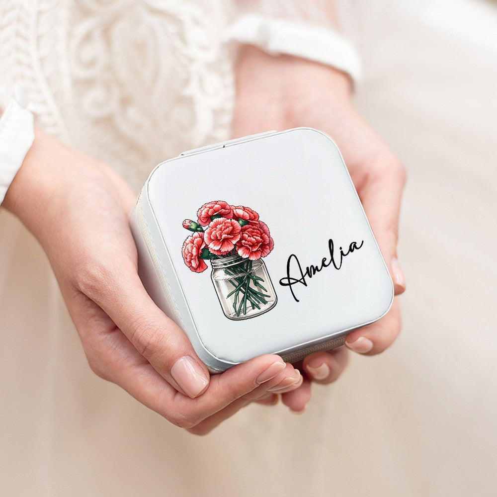 Personalized Name & Birth Flower Pattern Jewelry Box, PU Leather Retro Jewelry Storage Box, Christmas/Birthday/Bridal Gift for Mom/Girls/Bridesmaids