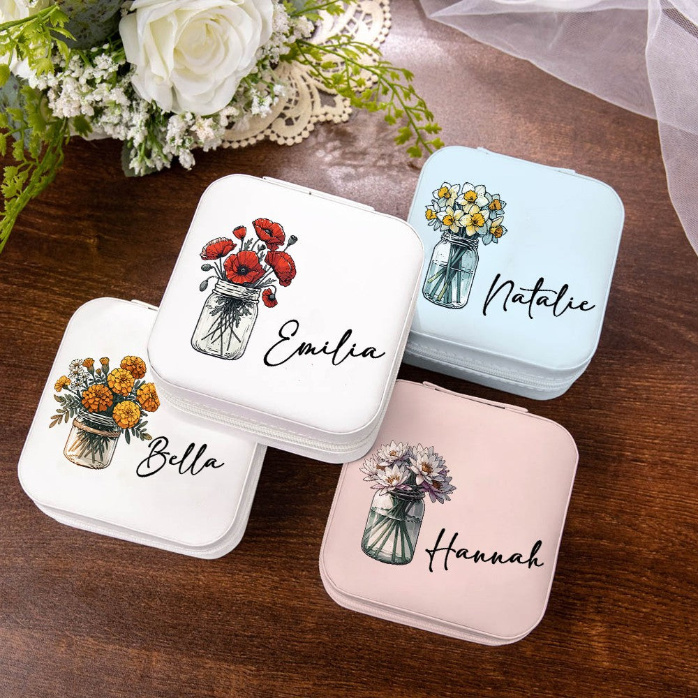 Personalized Name & Birth Flower Pattern Jewelry Box, PU Leather Retro Jewelry Storage Box, Christmas/Birthday/Bridal Gift for Mom/Girls/Bridesmaids