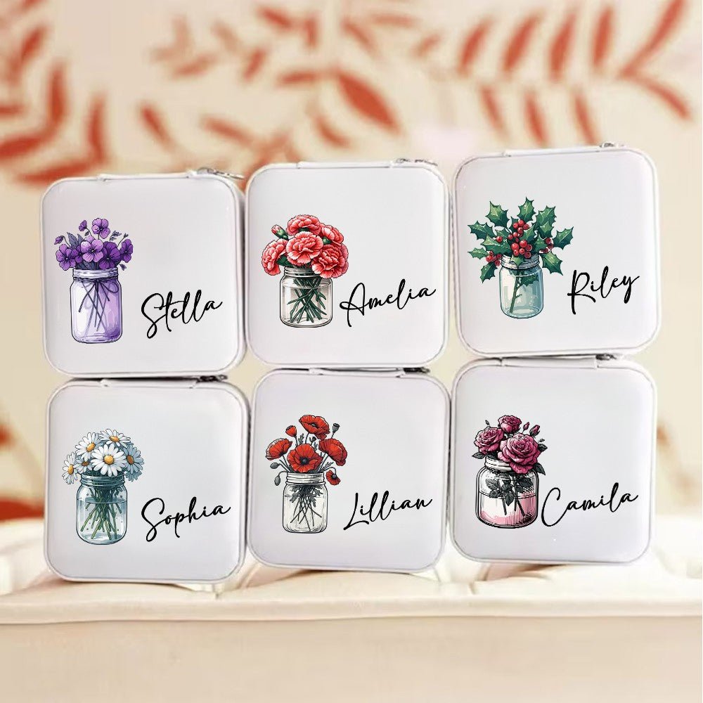 Personalized Name & Birth Flower Pattern Jewelry Box, PU Leather Retro Jewelry Storage Box, Christmas/Birthday/Bridal Gift for Mom/Girls/Bridesmaids