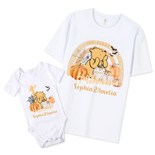 Custom Name Our First Halloween Parent-Child Clothing Matching Shirts, Bear Pumpkin Cotton Mommy T-Shirt & Baby Onesie Set, Gift for Baby/New Mom