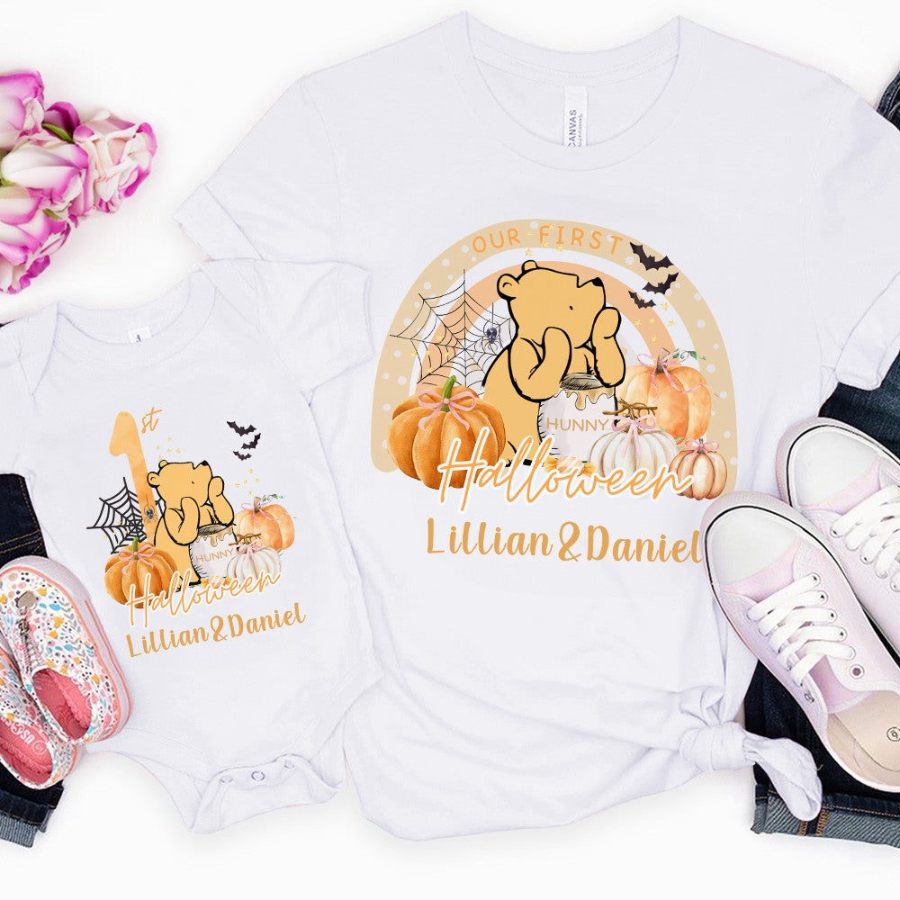 Custom Name Our First Halloween Parent-Child Clothing Matching Shirts, Bear Pumpkin Cotton Mommy T-Shirt & Baby Onesie Set, Gift for Baby/New Mom