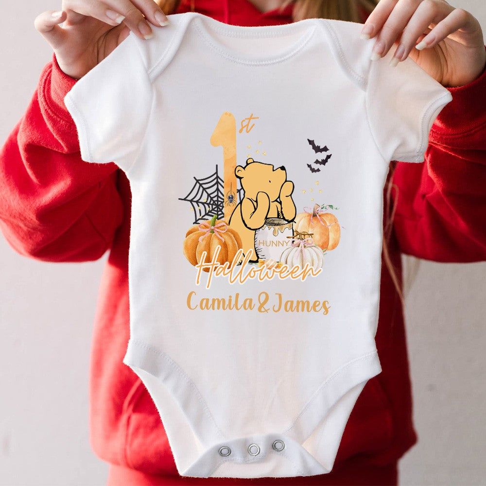 Custom Name Our First Halloween Parent-Child Clothing Matching Shirts, Bear Pumpkin Cotton Mommy T-Shirt & Baby Onesie Set, Gift for Baby/New Mom