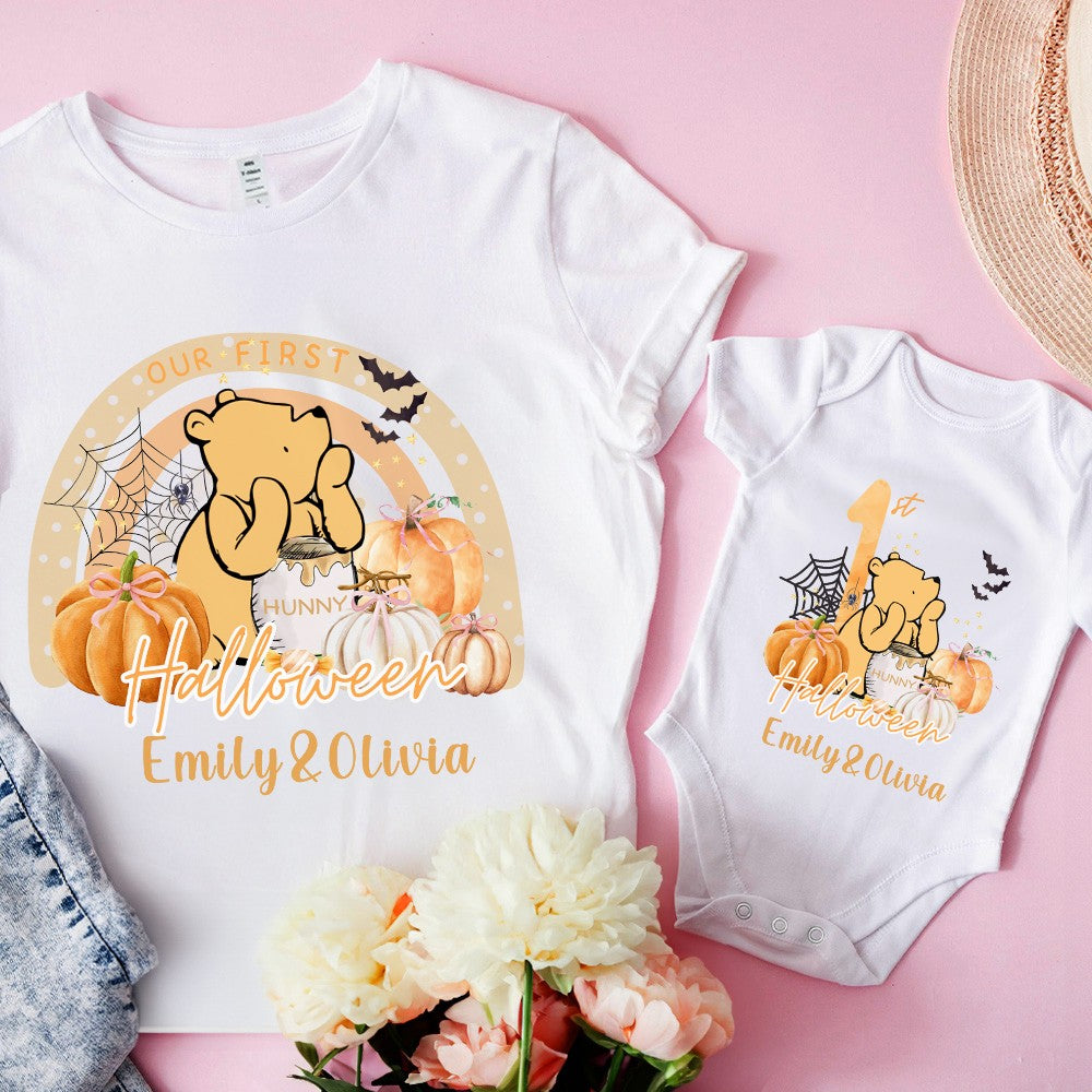 Custom Name Our First Halloween Parent-Child Clothing Matching Shirts, Bear Pumpkin Cotton Mommy T-Shirt & Baby Onesie Set, Gift for Baby/New Mom